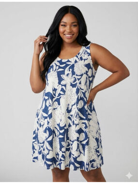 Shoreline Blue White Floral Sleeveless Dress 3XL